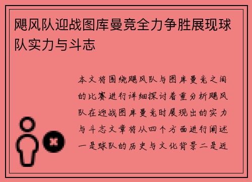 飓风队迎战图库曼竞全力争胜展现球队实力与斗志